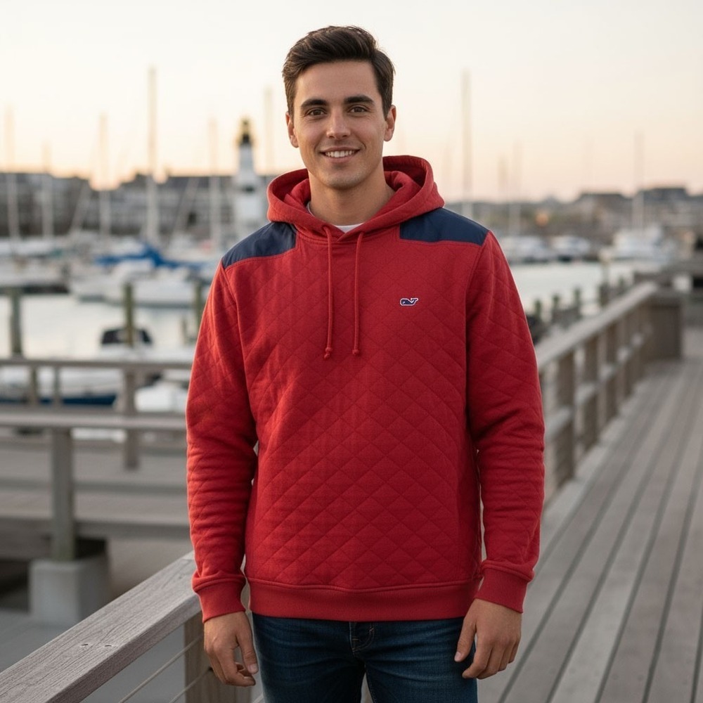 Vineyard Vines Sweater Mens Sz Medium Quilted Hooded Red Pullover Outdoor Cotton